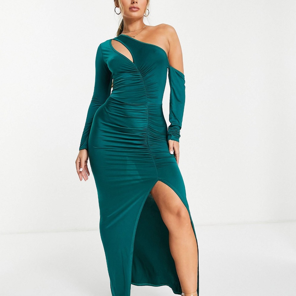 Jaded rose one shoulder cut out maxi dress turquoise emerald bodycon